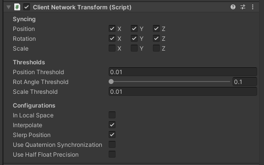 A Client Network Transform component, showing settings that control how much data is sent over the network, as well as interpolation.