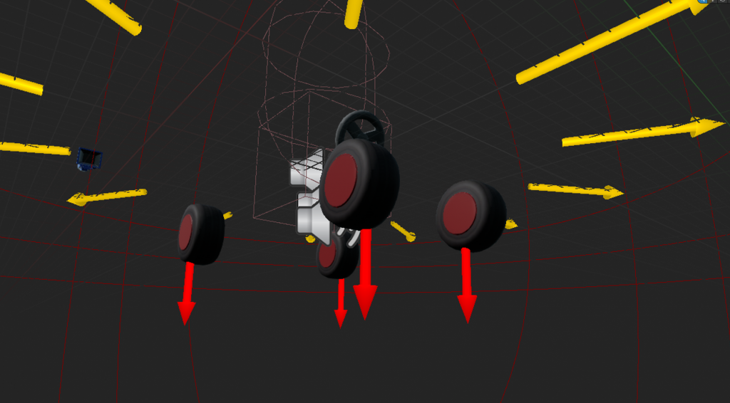 Image of the kart in the actor editor, showing the raycast lines that act as suspension springs.