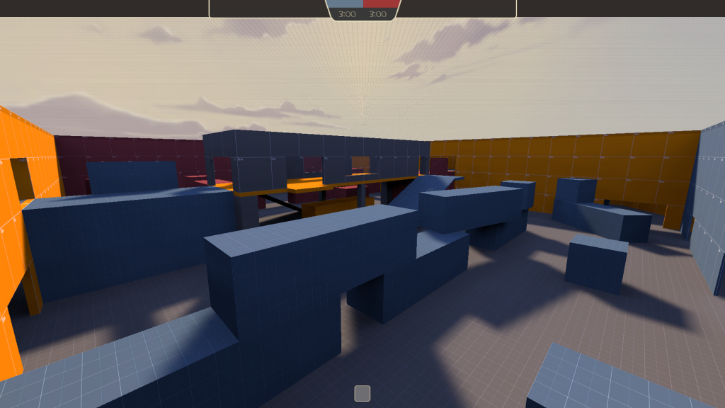 Screenshot of the warehouse room, showing the walls of shipping containers and elevated control point room.