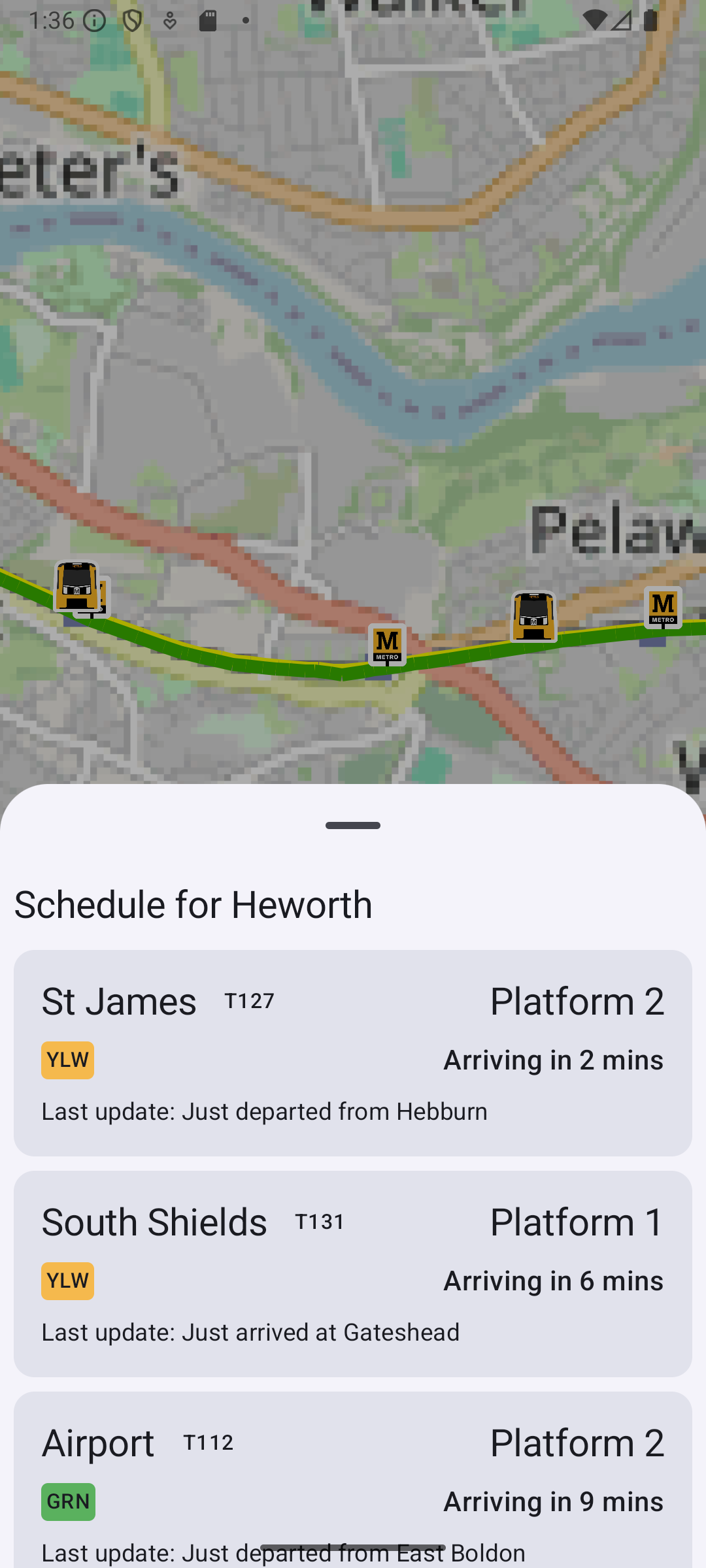 A screenshot showing a screen where one half is a greyed out map and the other half is the schedule for the station shown on the map.