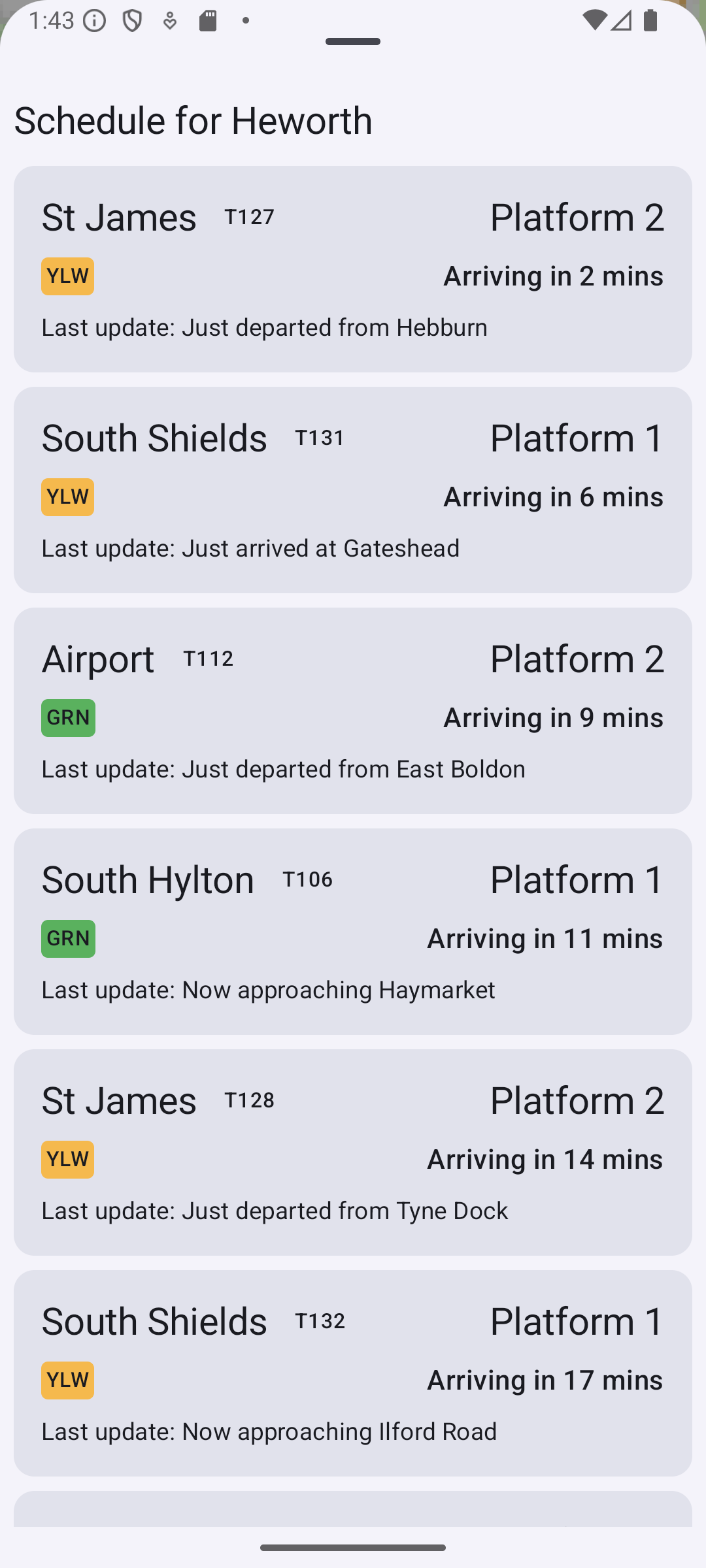 A screenshot showing a fullscreen schedule, showing all the trains due to arrive at that Heworth.