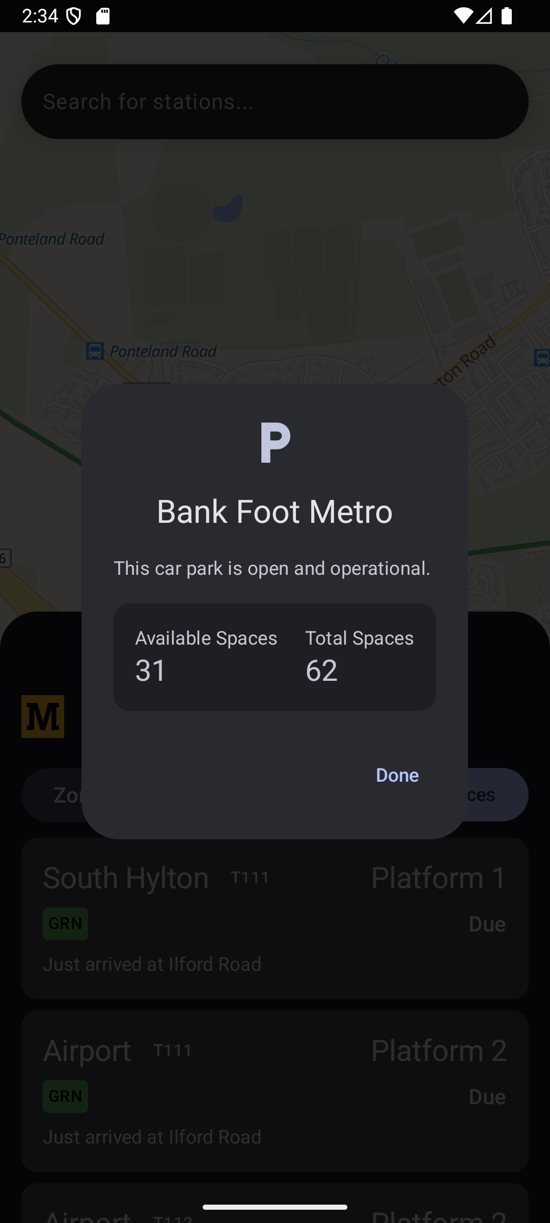 A screenshot showing the parking information feature. It is currently displaying the Bank Foot Metro car park, with 31 available spaces out of 62 total spaces.