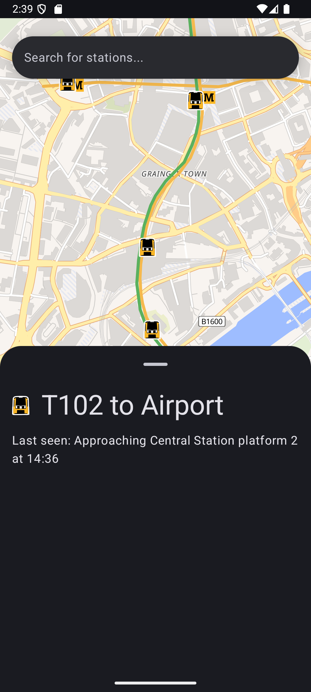 A screenshot showing the train information capability. This is currently a work in progress. It shows the train's running number, destination, and when/where it was last seen.