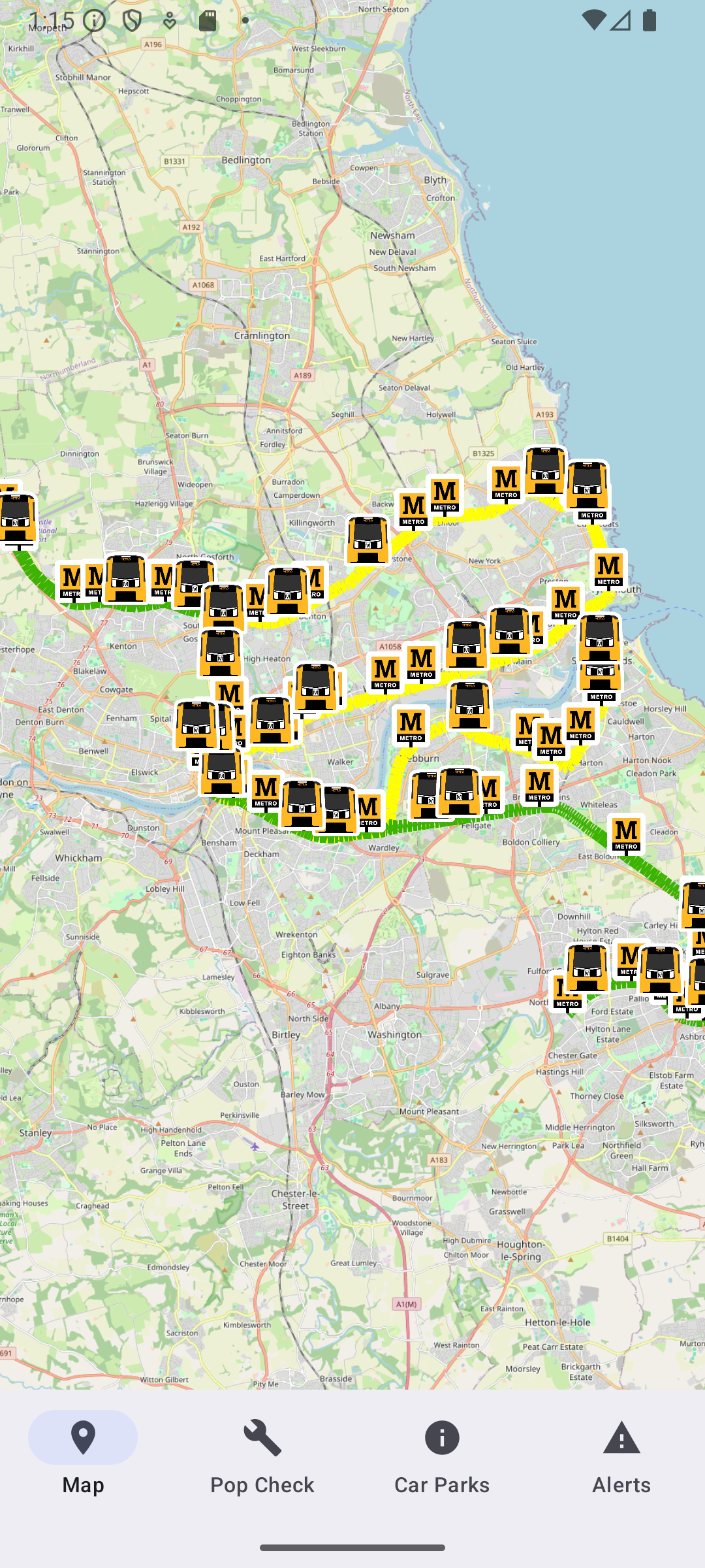 A screenshot of the Metron't app, showing a full map of the Metro system with station icons and moving train icons.