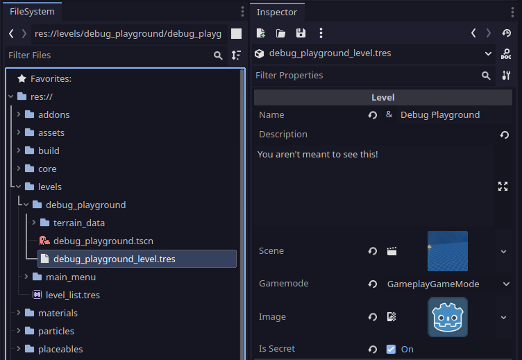 The level resource, showing the various settings in the inspector.