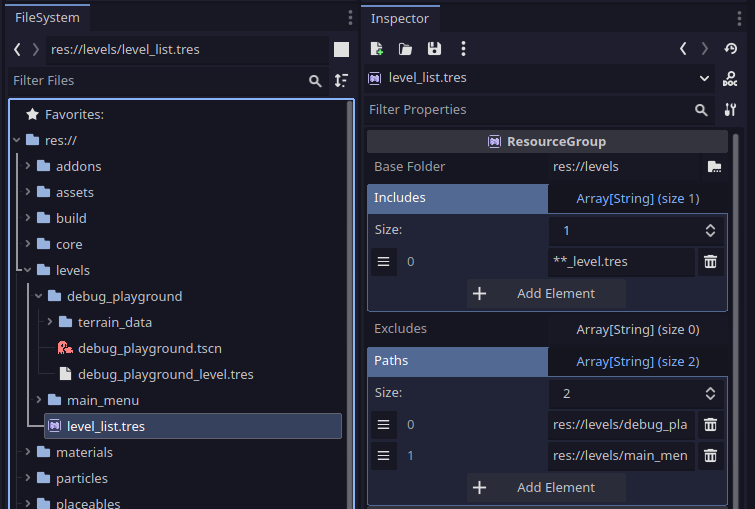 The resource group, showing the search patterns for level resources.