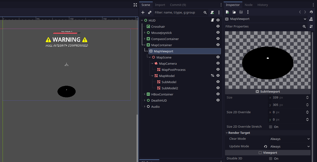 A screenshot of the HUD’s scene tree, showing the viewport and how it is connected with the minimap.